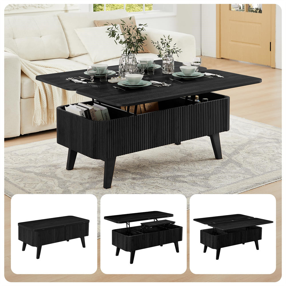 Black coffee table with lift-top feature in a living room setting
