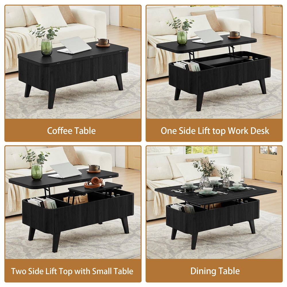 Black coffee table, one side lift top work desk, two side lift top with small table, and dining table in a living room setting.
