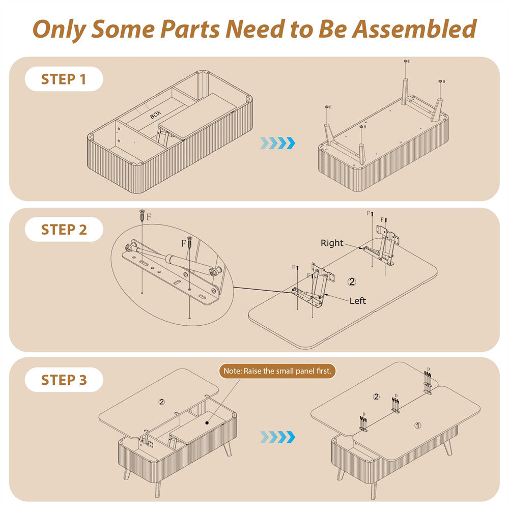 Step-by-step assembly instructions for a piece of furniture on a beige background