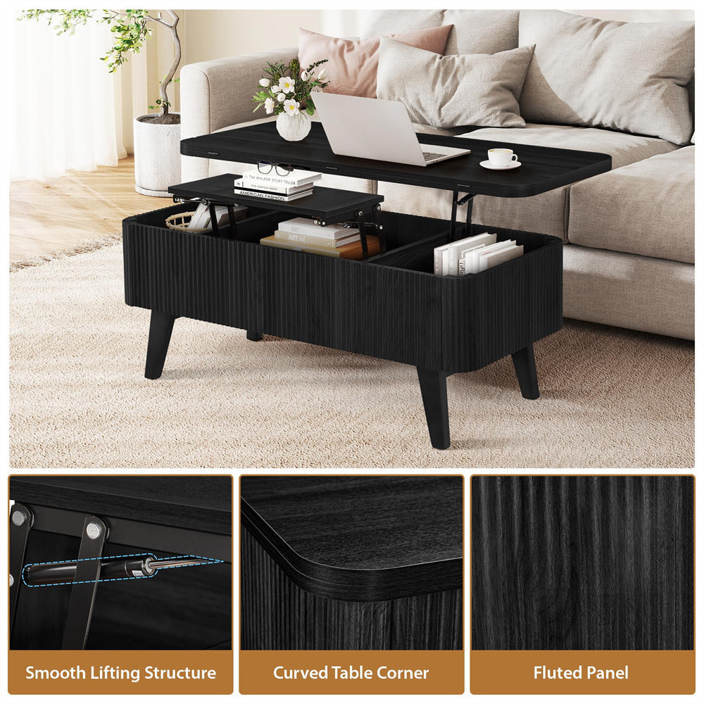 Black coffee table with lift-top feature in a living room setting, showing smooth lifting structure, curved corner, and fluted panel details.