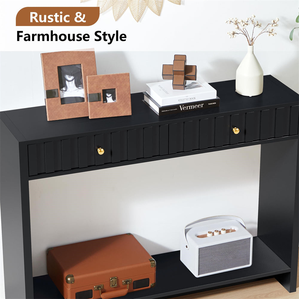 Black 43.3" Mid Century Entryway Sofa Console Table with Fluted Drawers and Storage