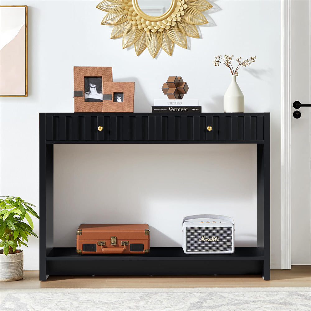Black 43.3" Mid Century Entryway Sofa Console Table with Fluted Drawers and Storage