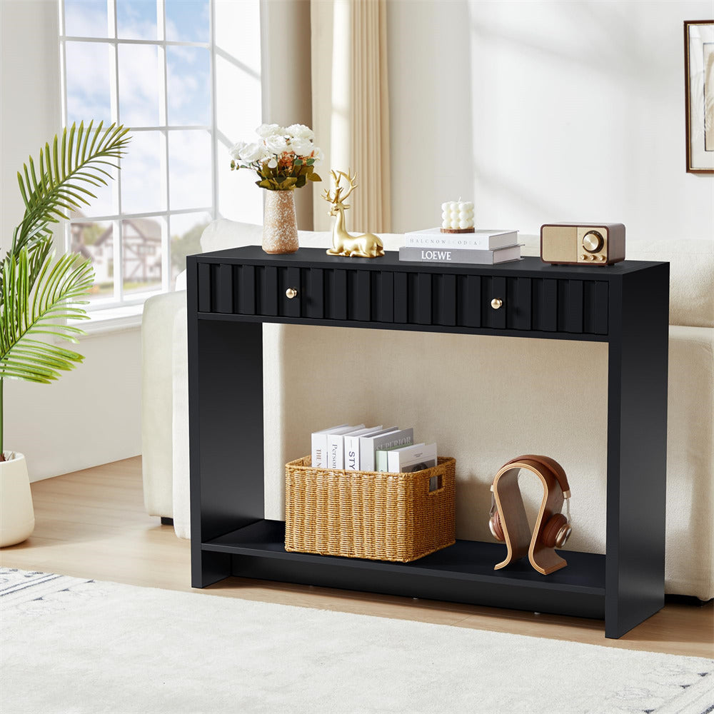 Black 43.3" Mid Century Entryway Sofa Console Table with Fluted Drawers and Storage
