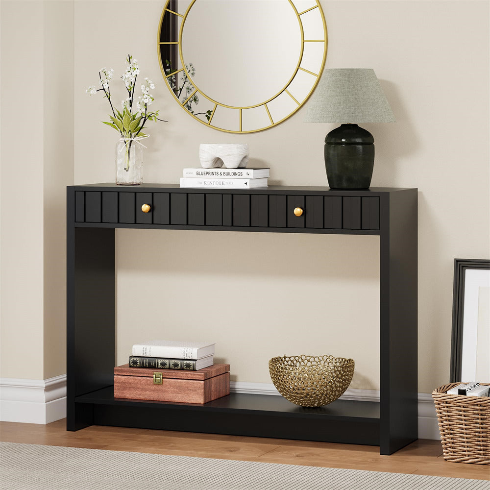 Black 43.3" Mid Century Entryway Sofa Console Table with Fluted Drawers and Storage