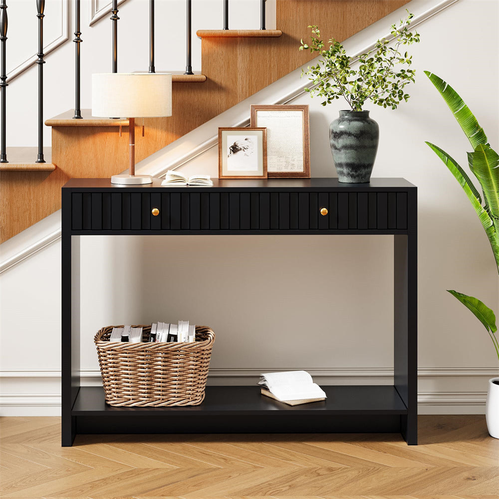 Black 43.3" Mid Century Entryway Sofa Console Table with Fluted Drawers and Storage