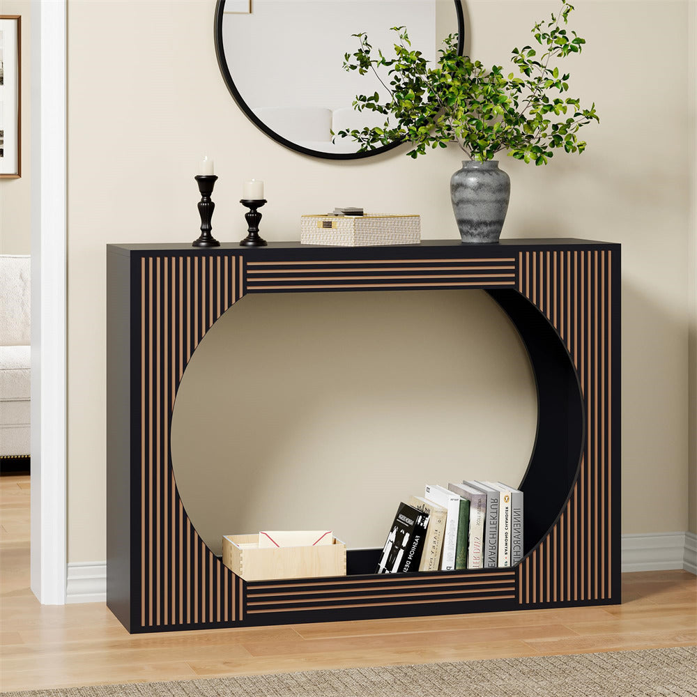 Black 43.3" Modern Wooden Rectangular Entryway Console Table with Storage and Carving Lines
