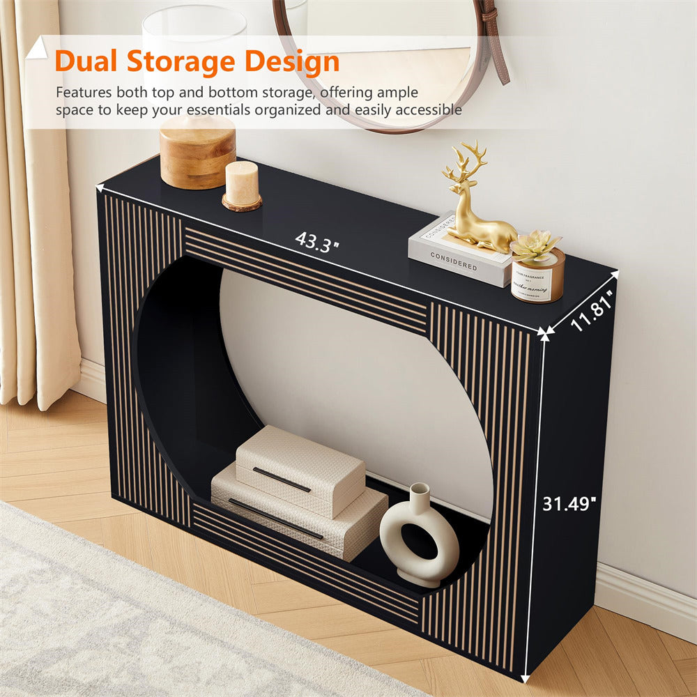 Black 43.3" Modern Wooden Rectangular Entryway Console Table with Storage and Carving Lines