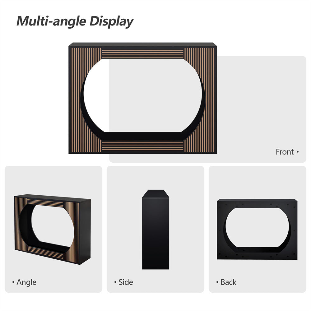 Multi-angle display of a rectangular product with wooden accents on a white background.