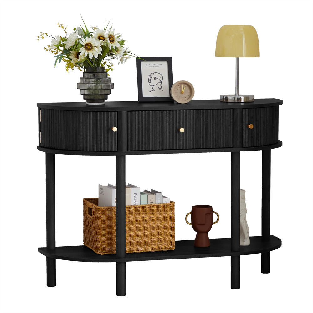 Black 43.3“ Fluted Half Moon Modern Entryway Console Table with Storage