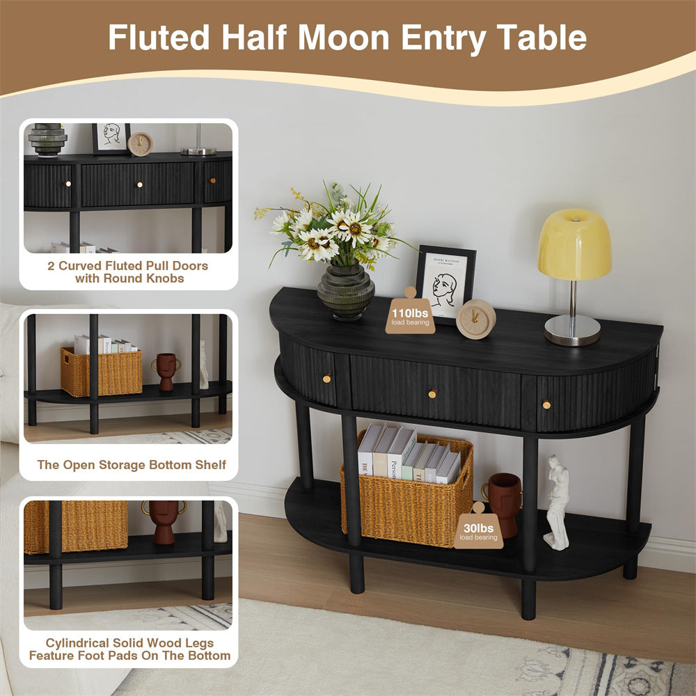 Black 43.3“ Fluted Half Moon Modern Entryway Console Table with Storage
