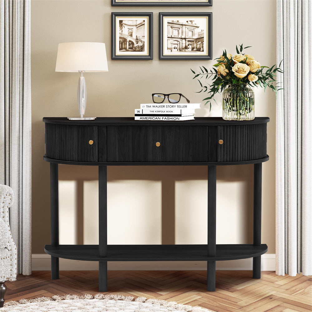 Black 43.3“ Fluted Half Moon Modern Entryway Console Table with Storage
