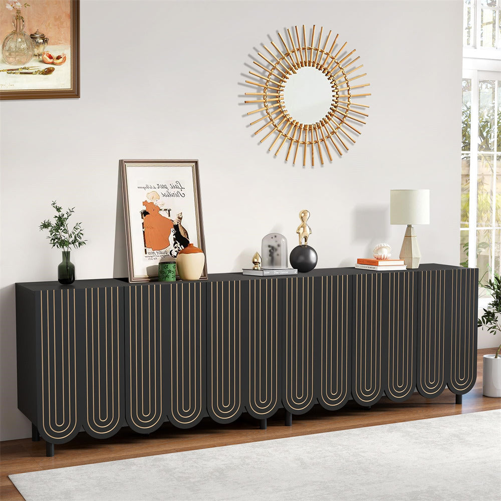 Black 47.2" Carved Line 3-Door Storage Cabinet Sideboard with Solid Wood Legs & Adjustable Shelves