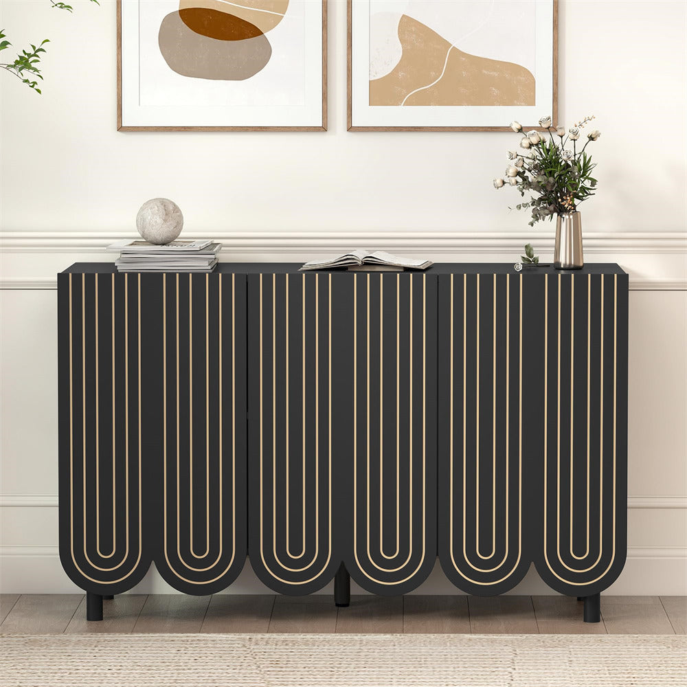 Black 47.2" Carved Line 3-Door Storage Cabinet Sideboard with Solid Wood Legs & Adjustable Shelves