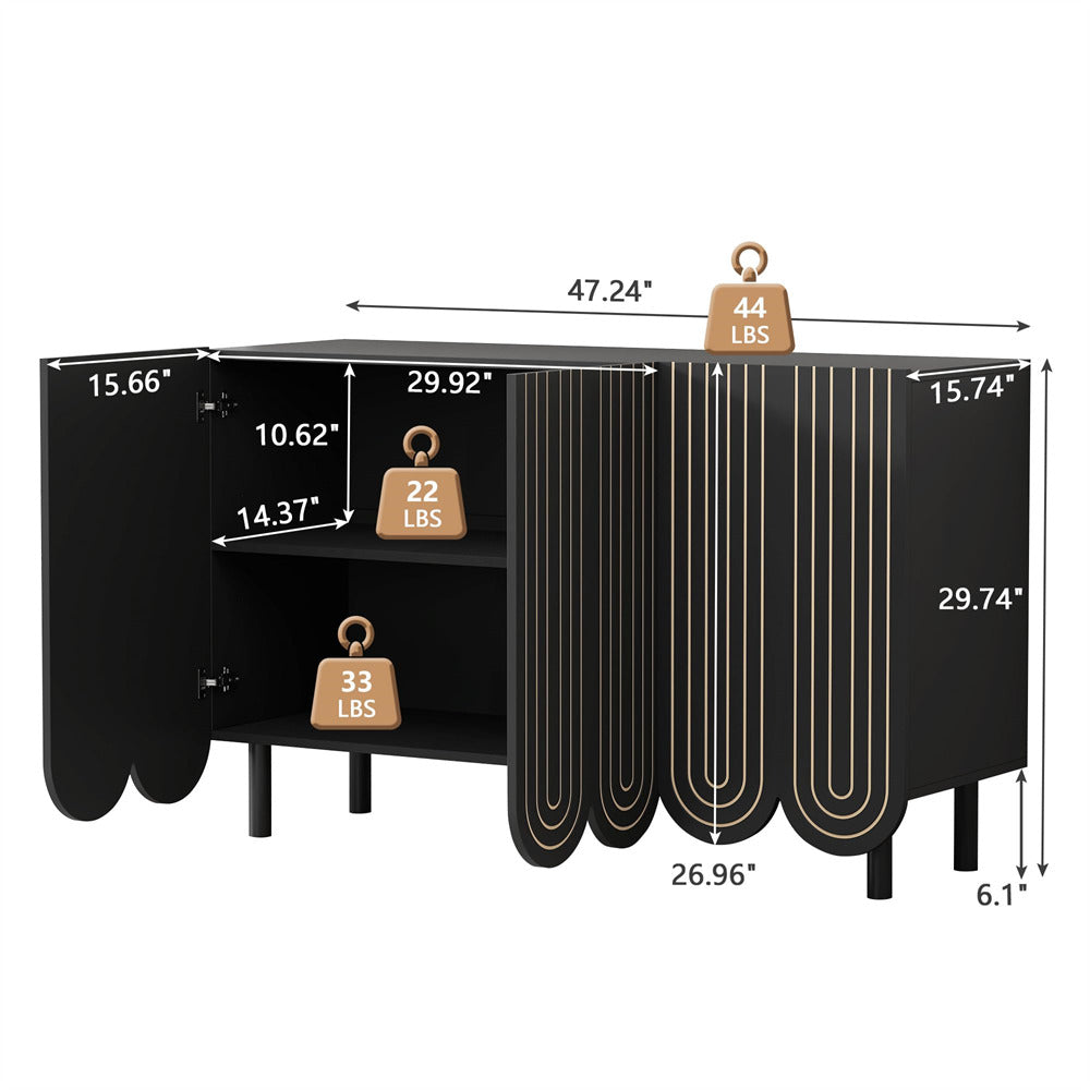 Black 47.2" Carved Line 3-Door Storage Cabinet Sideboard with Solid Wood Legs & Adjustable Shelves