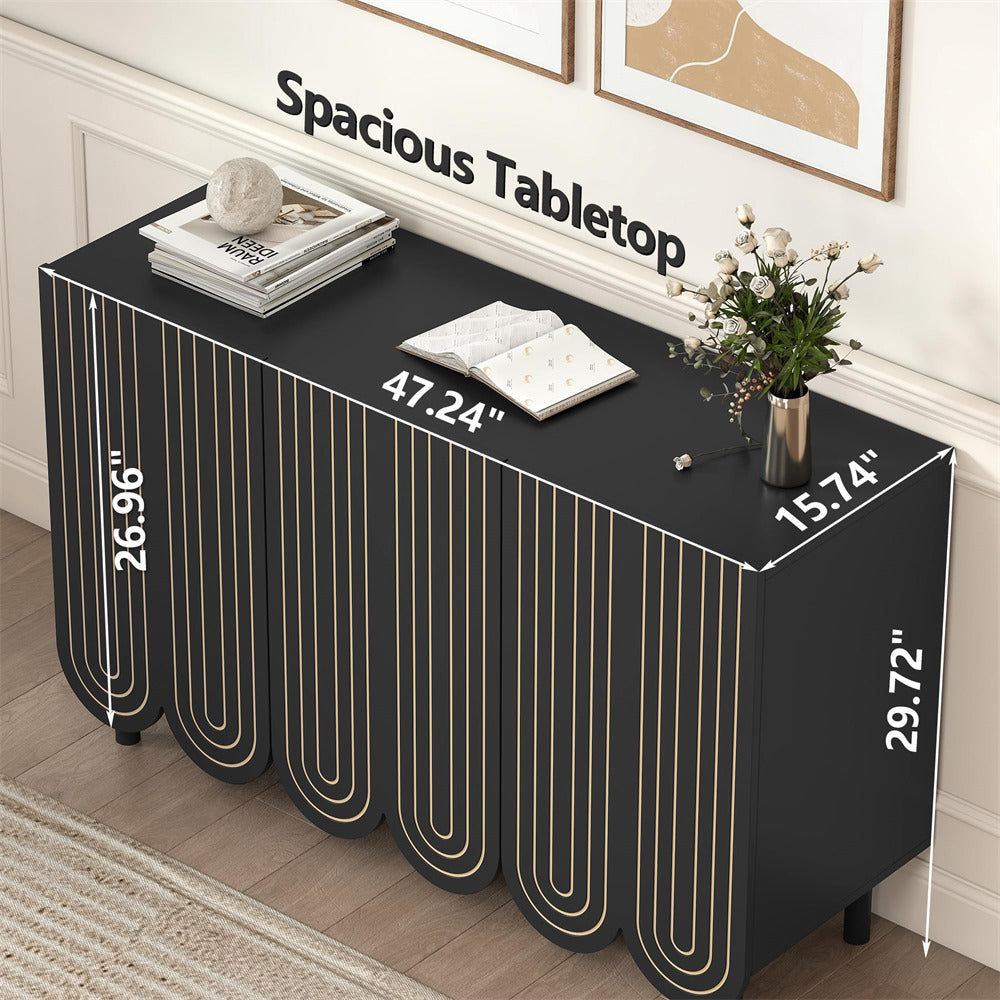 Black 47.2" Carved Line 3-Door Storage Cabinet Sideboard with Solid Wood Legs & Adjustable Shelves