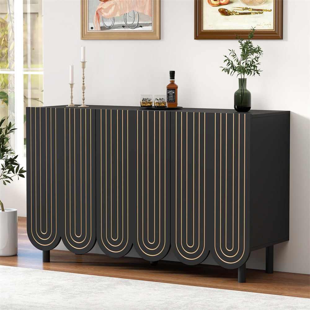 Black 47.2" Carved Line 3-Door Storage Cabinet Sideboard with Solid Wood Legs & Adjustable Shelves