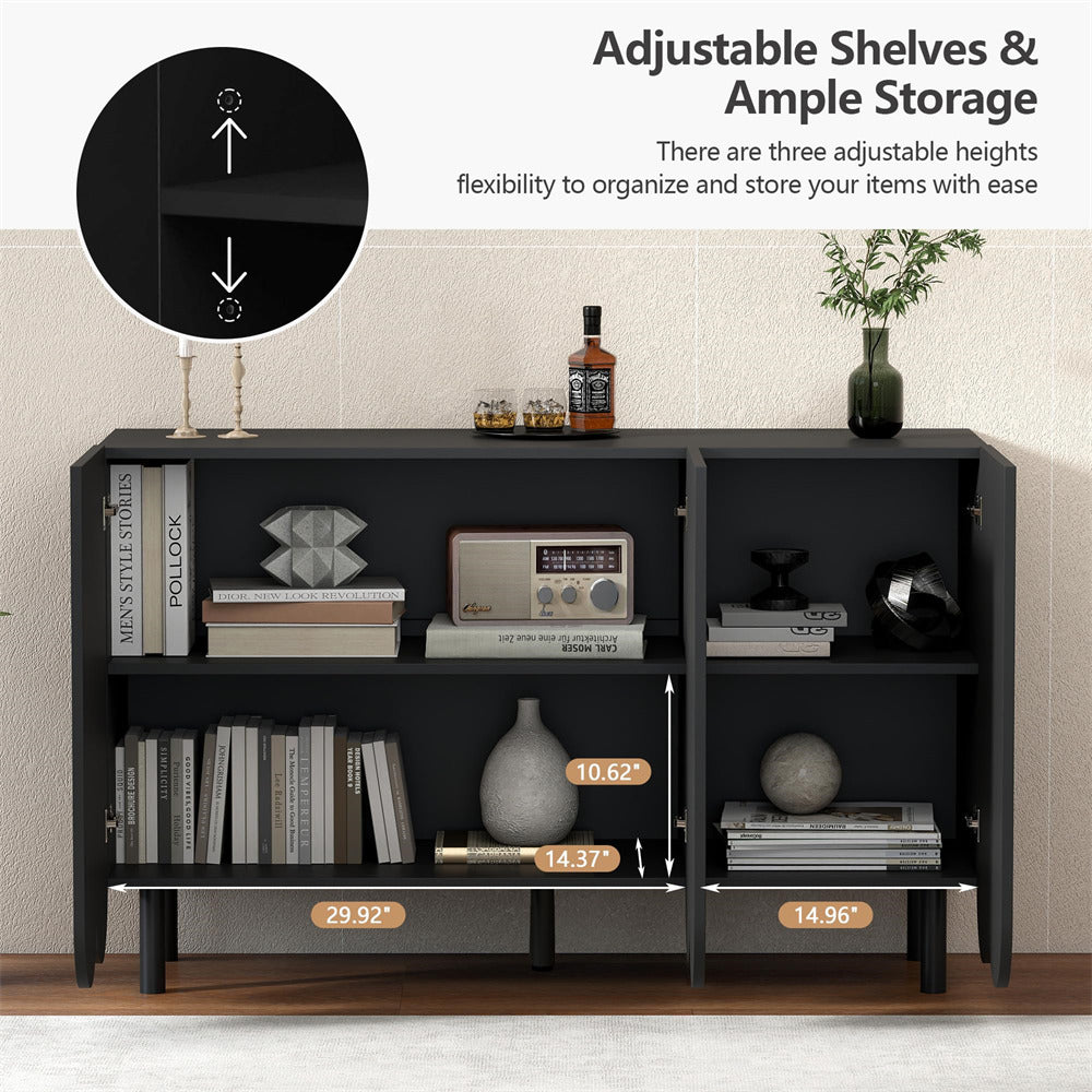 Black 47.2" Carved Line 3-Door Storage Cabinet Sideboard with Solid Wood Legs & Adjustable Shelves