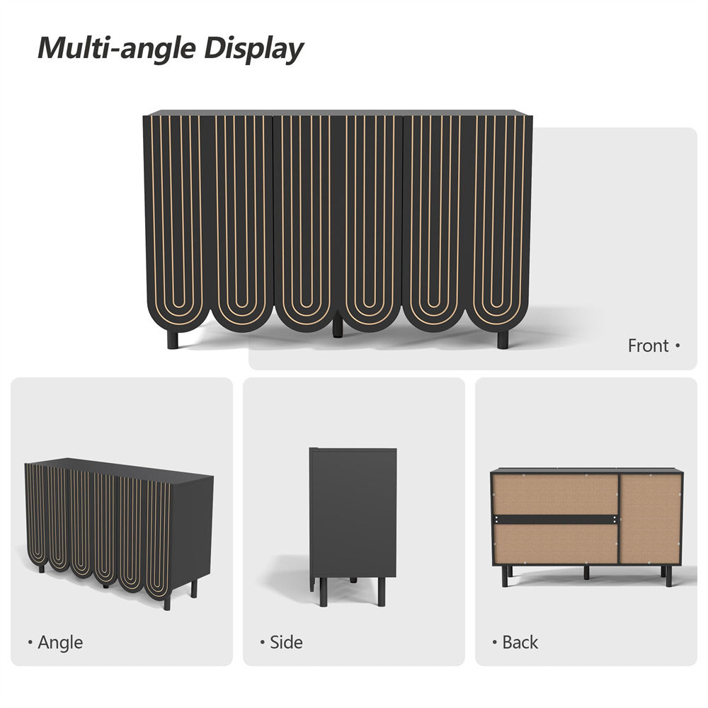 Black 47.2" Carved Line 3-Door Storage Cabinet Sideboard with Solid Wood Legs & Adjustable Shelves