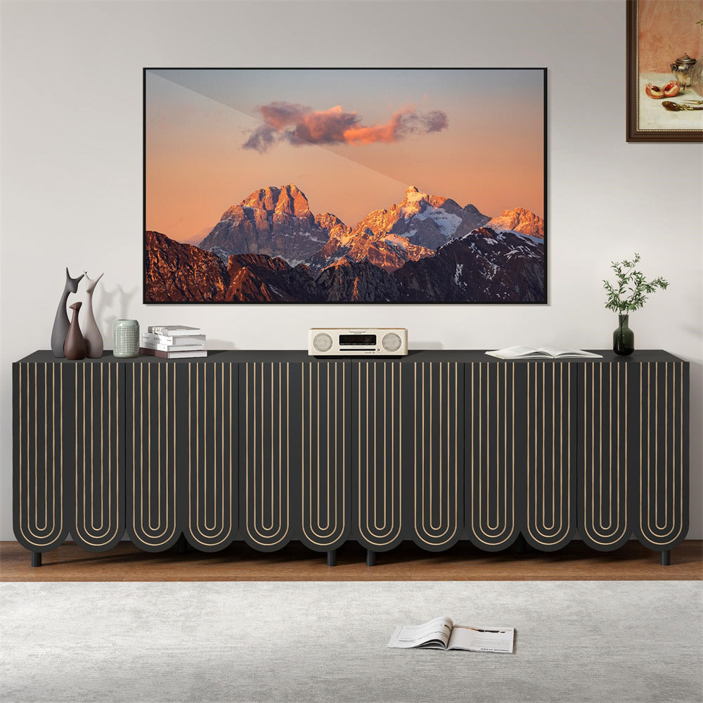 Black 47.2" Carved Line 3-Door Storage Cabinet Sideboard with Solid Wood Legs & Adjustable Shelves