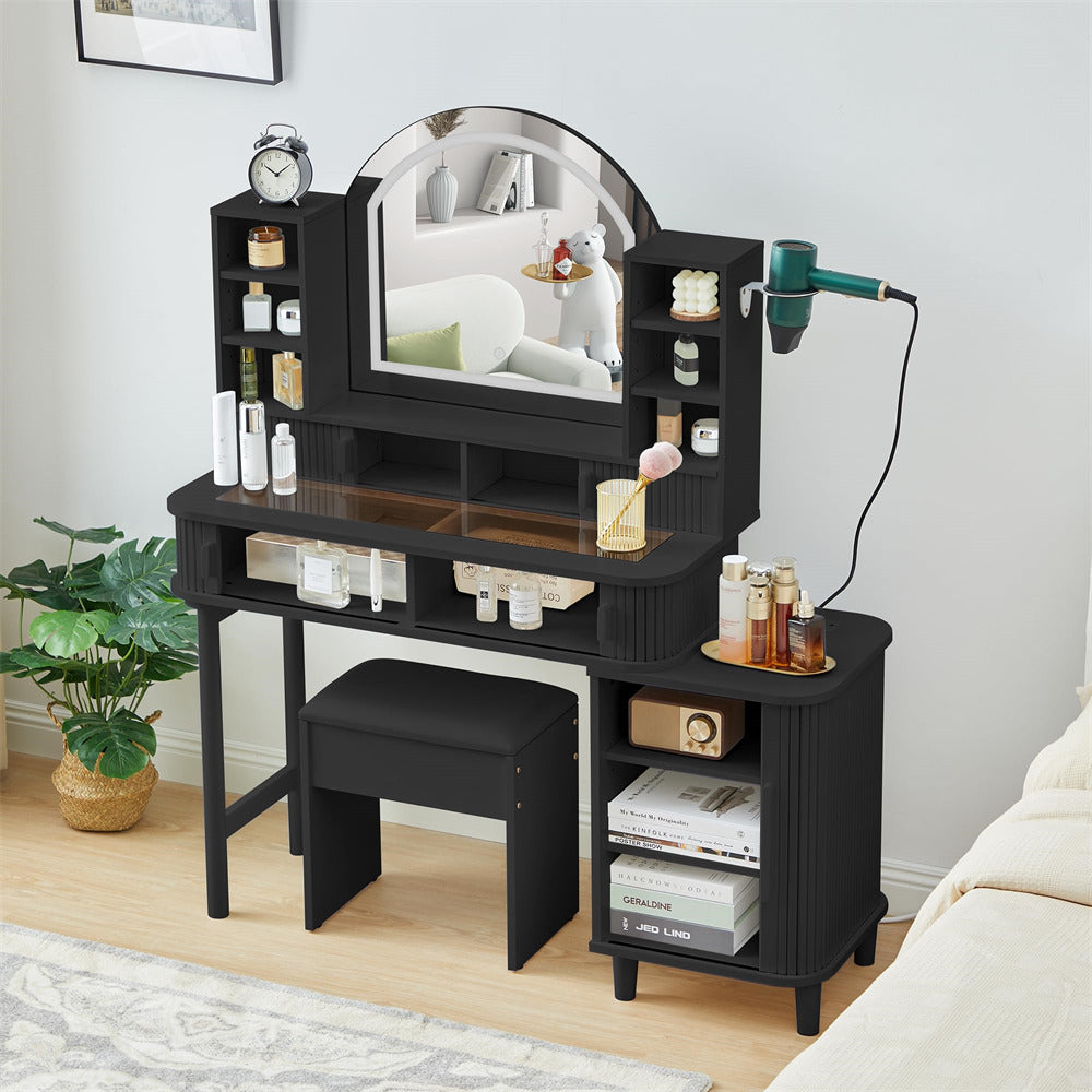 Black 47" Modern Makeup Vanity Glass Tabletop with Fluted Sliding Doors and Charging Station
