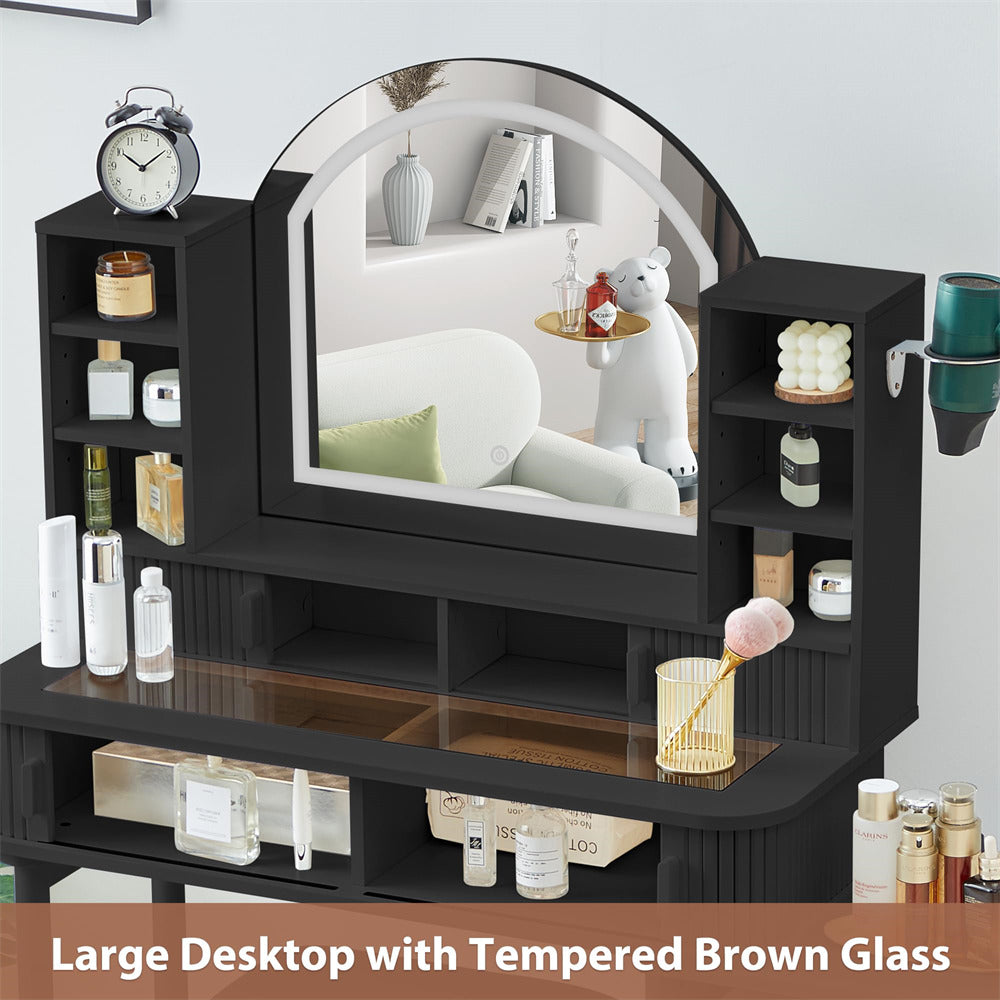Black 47" Modern Makeup Vanity Glass Tabletop with Fluted Sliding Doors and Charging Station