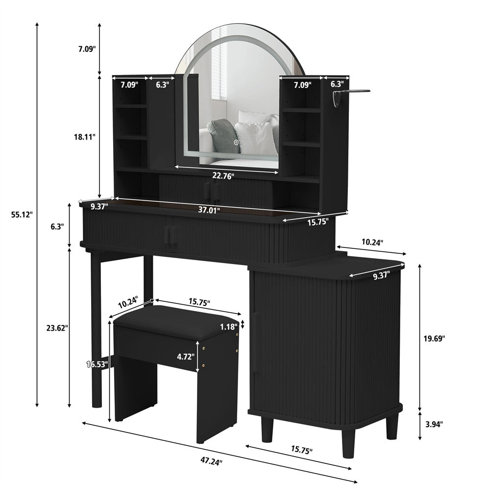 Black 47" Modern Makeup Vanity Glass Tabletop with Fluted Sliding Doors and Charging Station Size