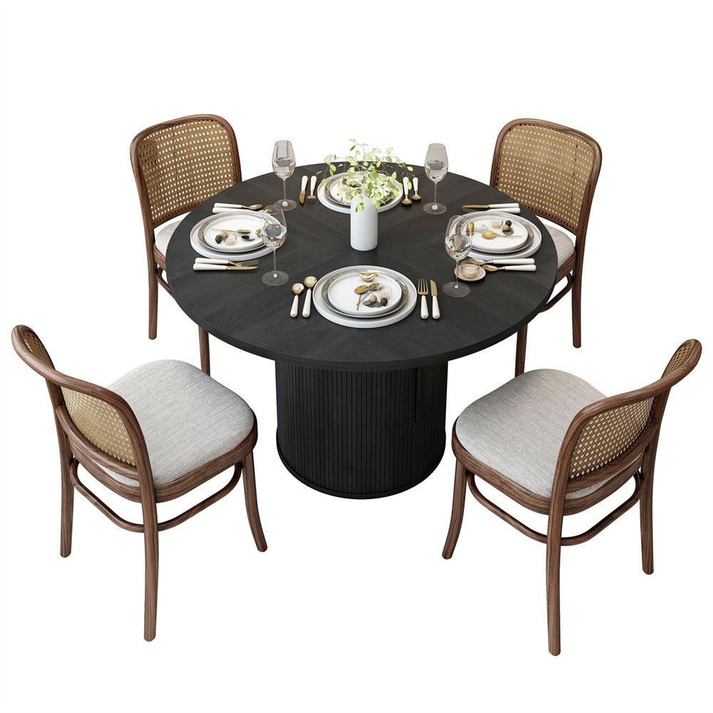 Black 47 inch Round Kitchen Dining Table for 4 with 2-Layer Storage Shelf and Wood Slide Door