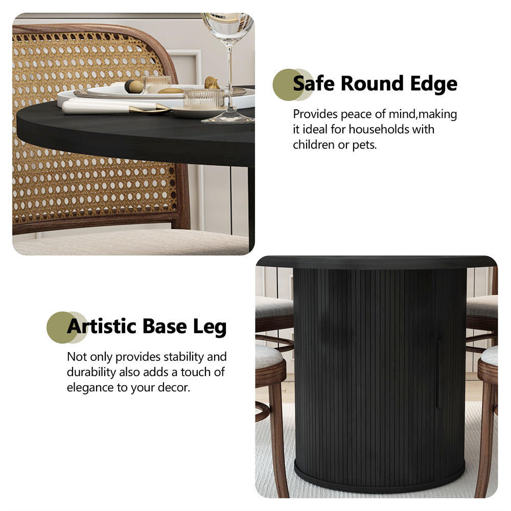 Black 47 inch Round Kitchen Dining Table for 4 with 2-Layer Storage Shelf and Wood Slide Door
