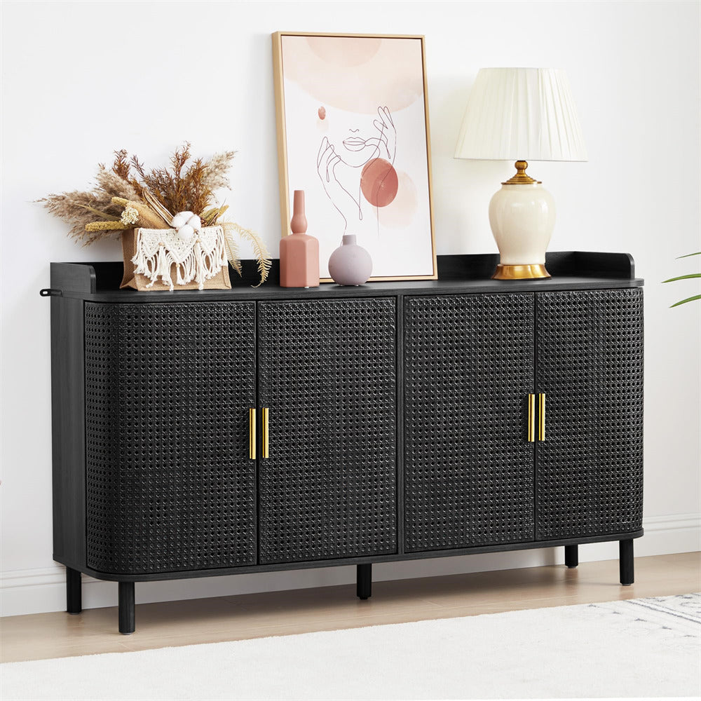 Black woven sideboard with decorative items in a room setting