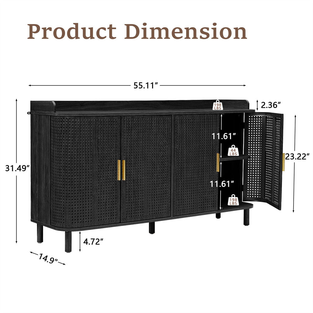 Black wicker sideboard with dimensions labeled on a white background