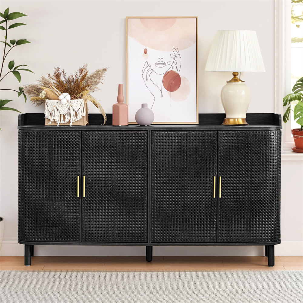 Black woven sideboard with decorative items in a room setting
