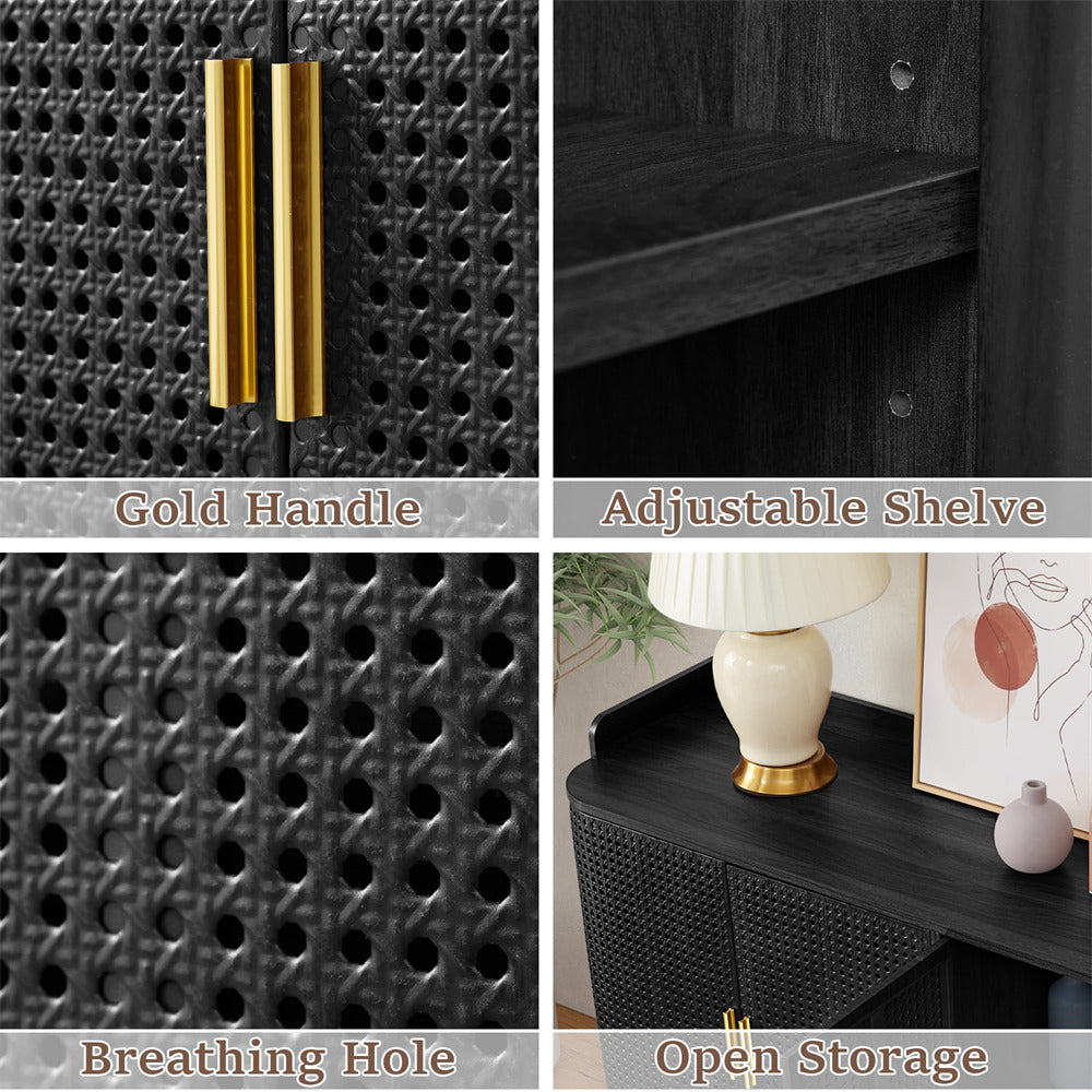 Collage of a black cabinet with gold handle, adjustable shelf, breathing hole, and open storage.