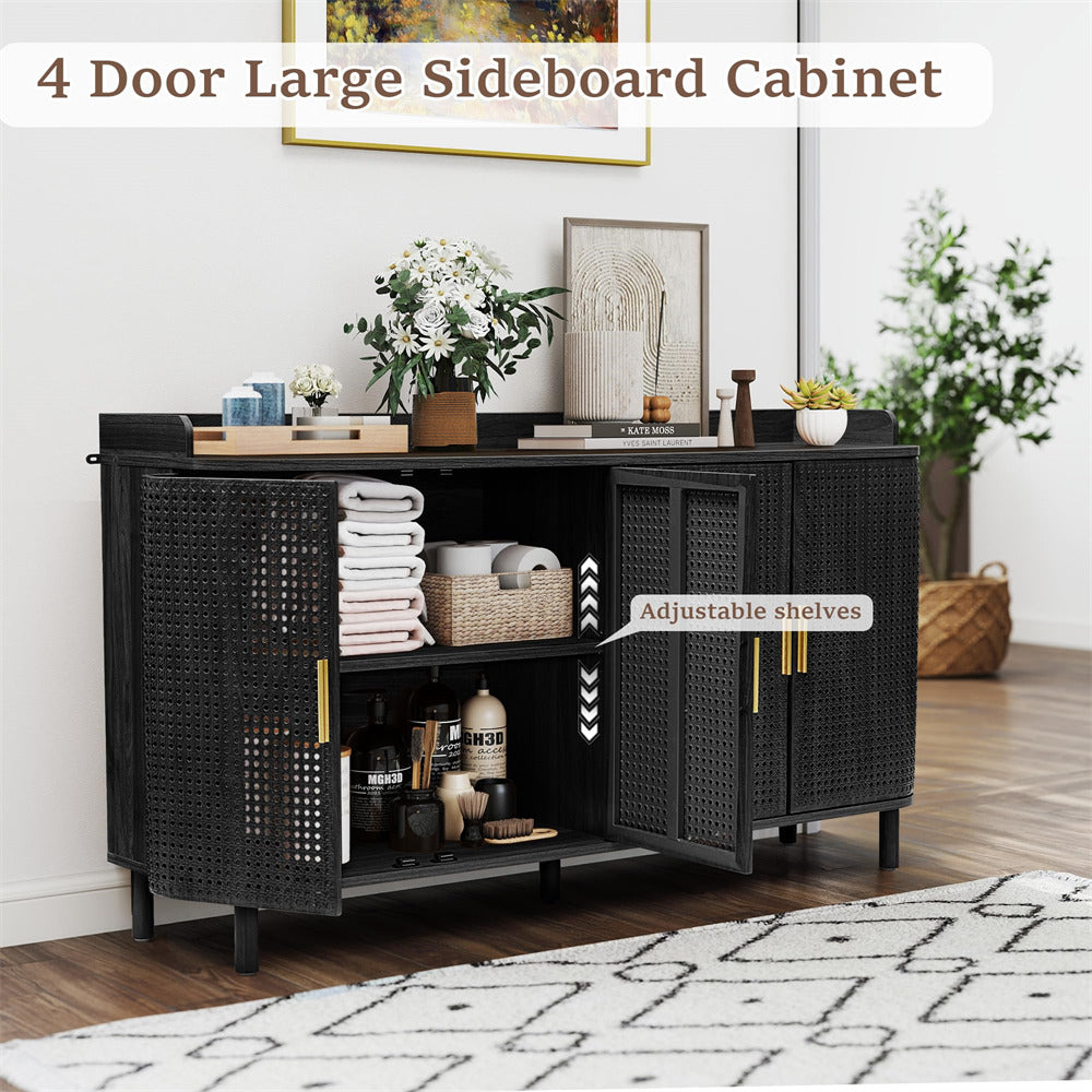 Black sideboard cabinet with adjustable shelves in a room setting.