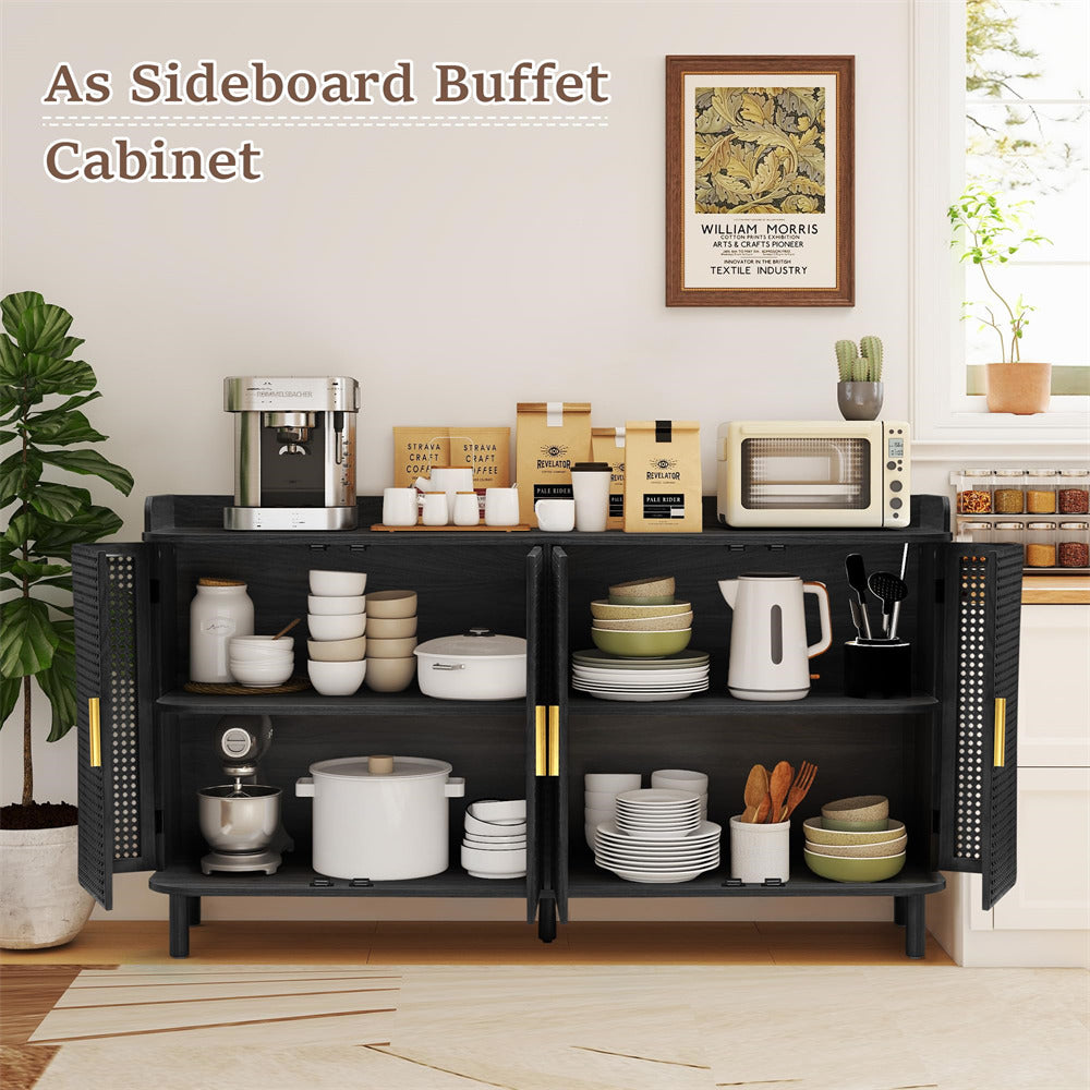 Black sideboard buffet cabinet with kitchenware in a room setting.
