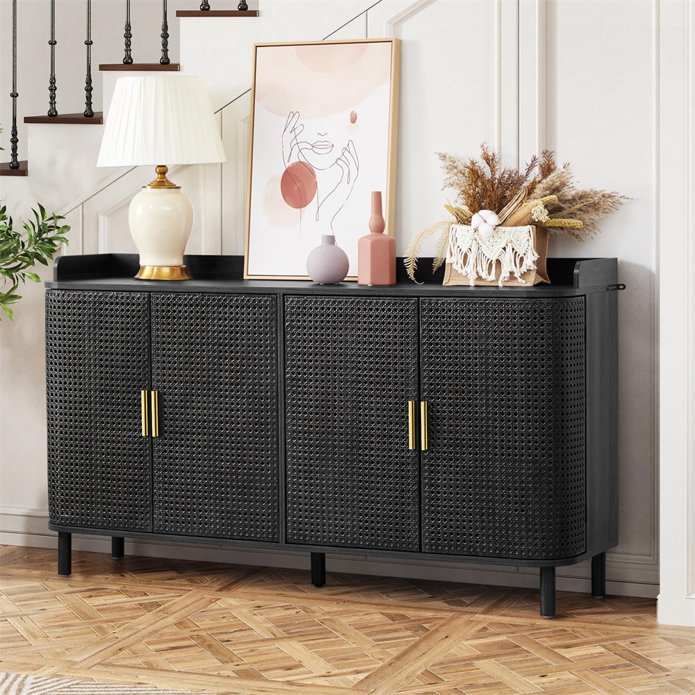 Black woven sideboard with decorative items in a room with wooden flooring and white walls.