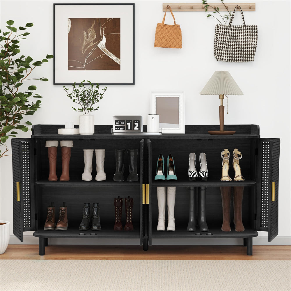 Black shoe cabinet with shoes and accessories in a room setting