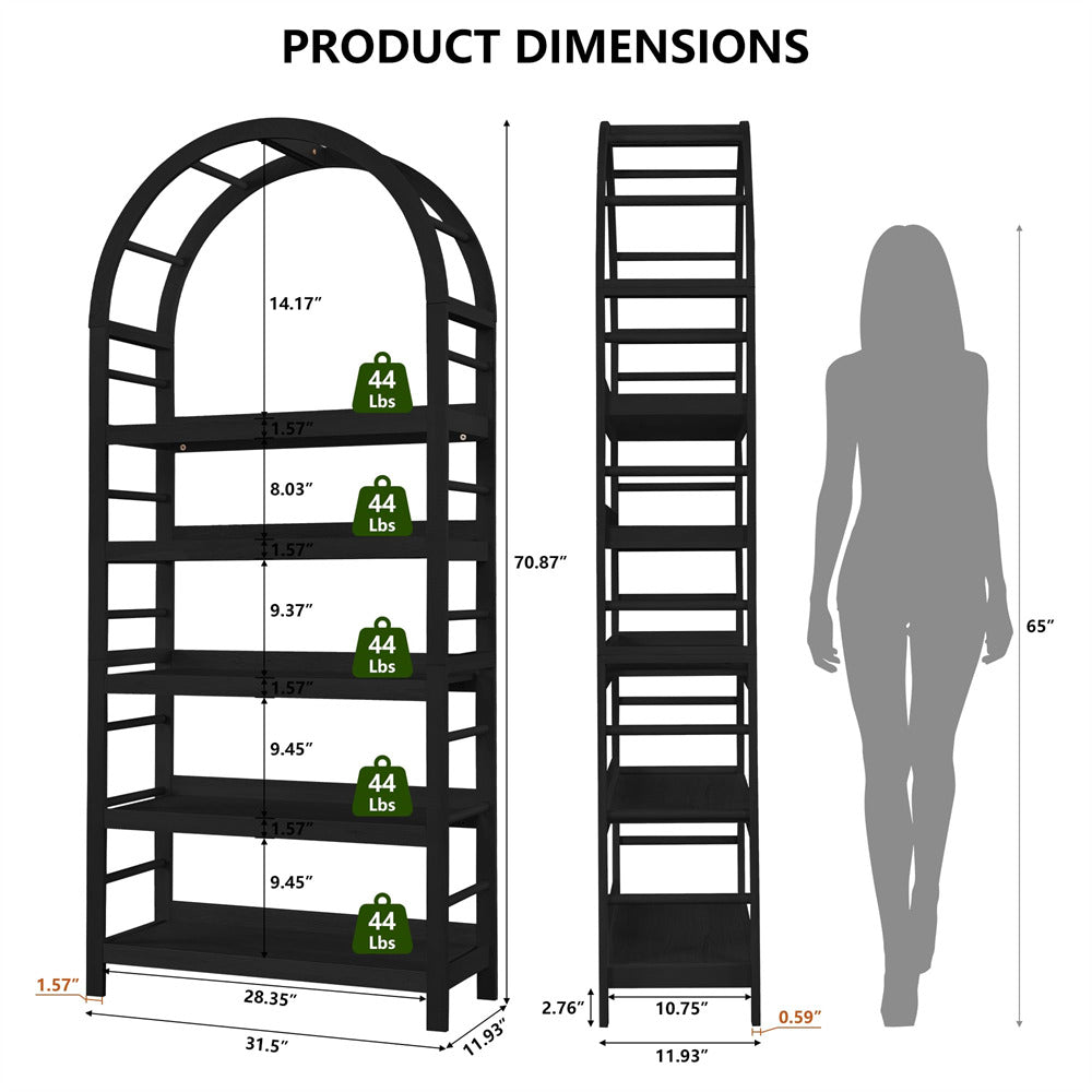 Product dimensions chart with shelves, weight labels, and a person for scale.
