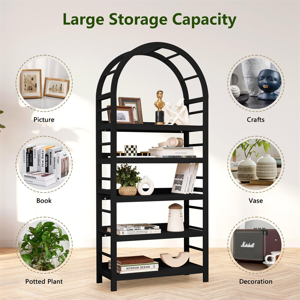 Black arch-shaped bookshelf with various items on each shelf against a white background