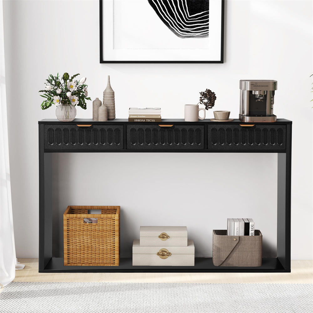 Black 51.18" Mid Century Farmhouse Console Table with Storage and 3 Drawers