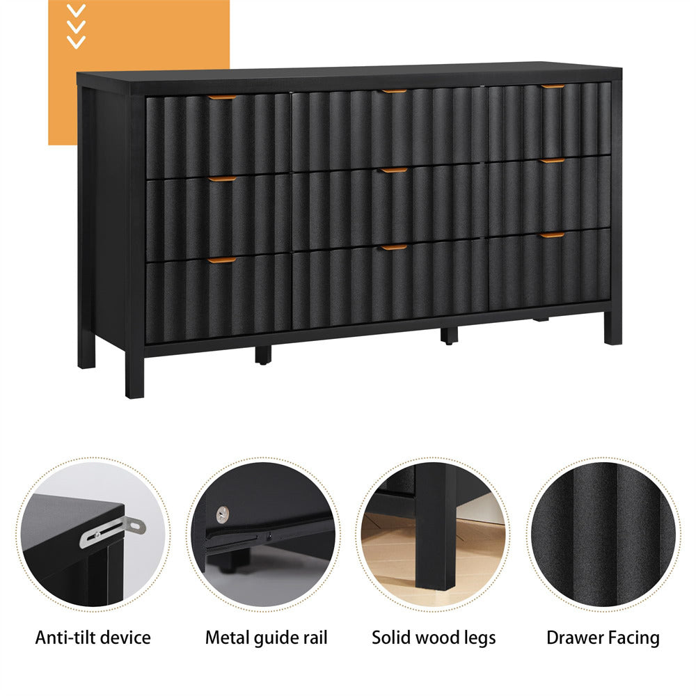 Black dresser with features highlighted on a white background