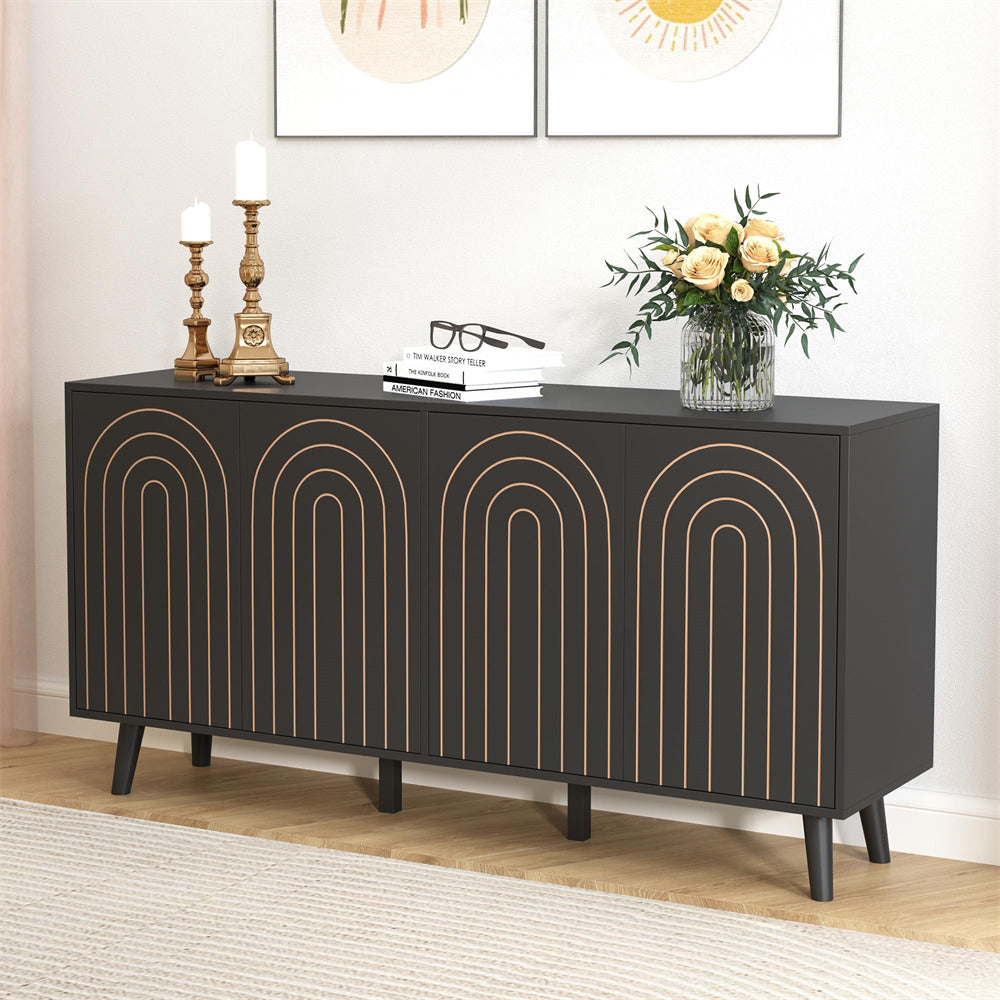 Black 59" Modern Accent Sideboard Storage Cabinet With 4 Doors & Carving Lines