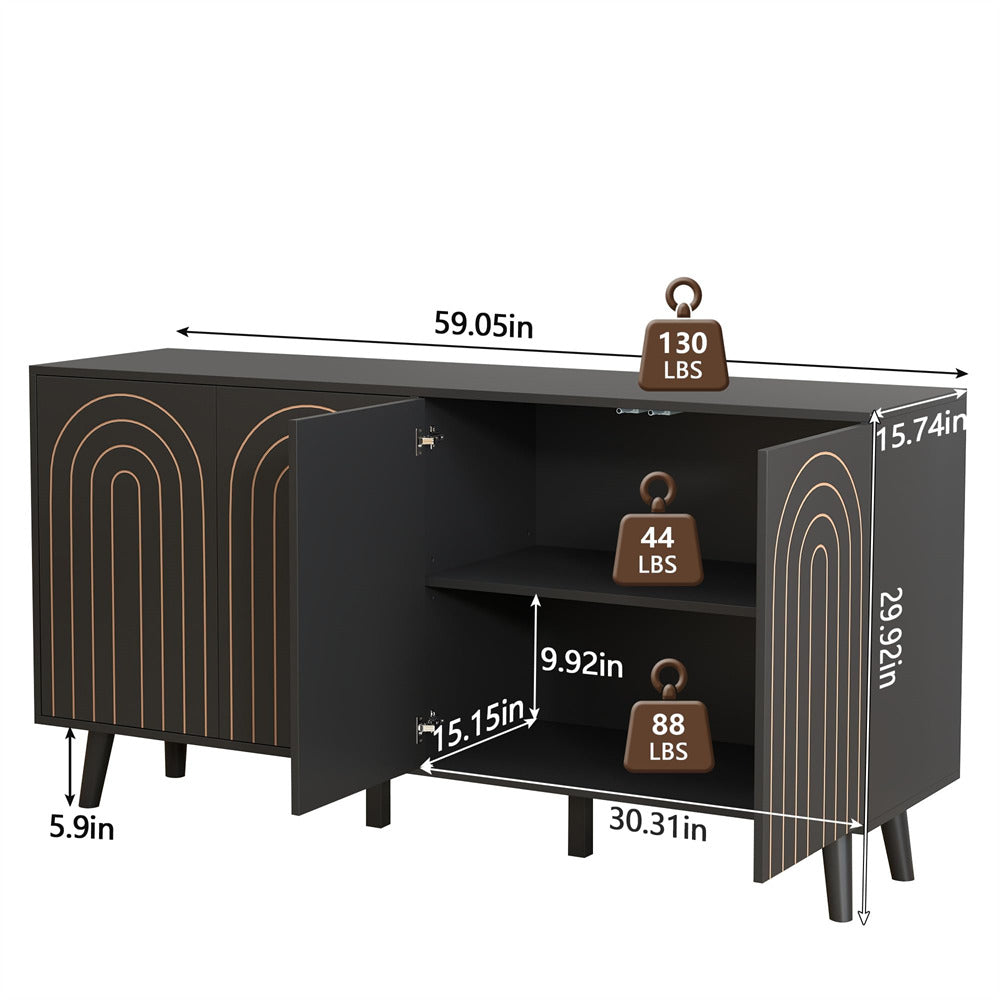 Black 59" Modern Accent Sideboard Storage Cabinet With 4 Doors & Carving Lines