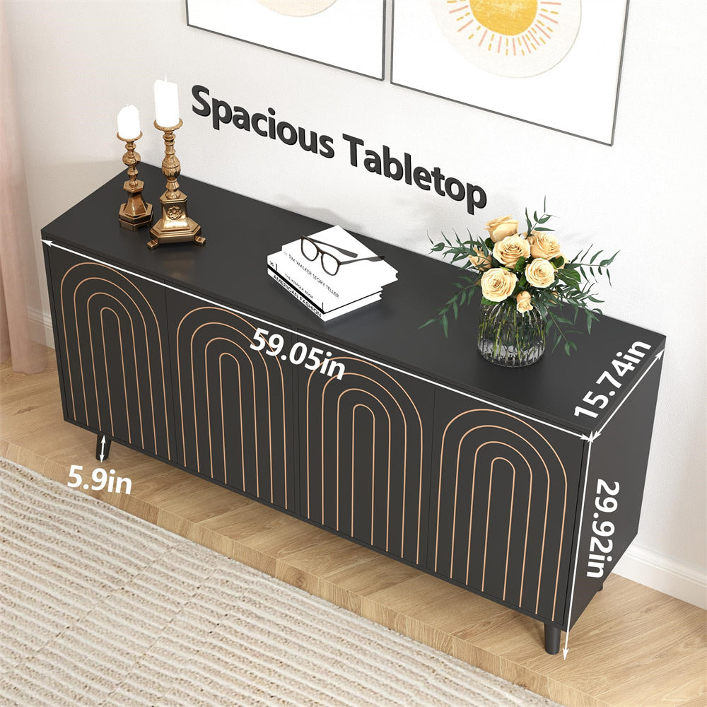Black 59" Modern Accent Sideboard Storage Cabinet With 4 Doors & Carving Lines