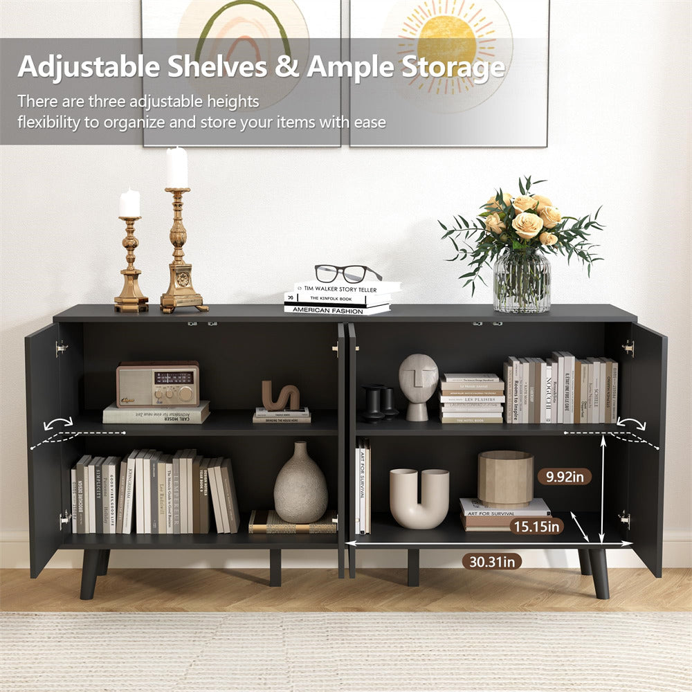 Black 59" Modern Accent Sideboard Storage Cabinet With 4 Doors & Carving Lines
