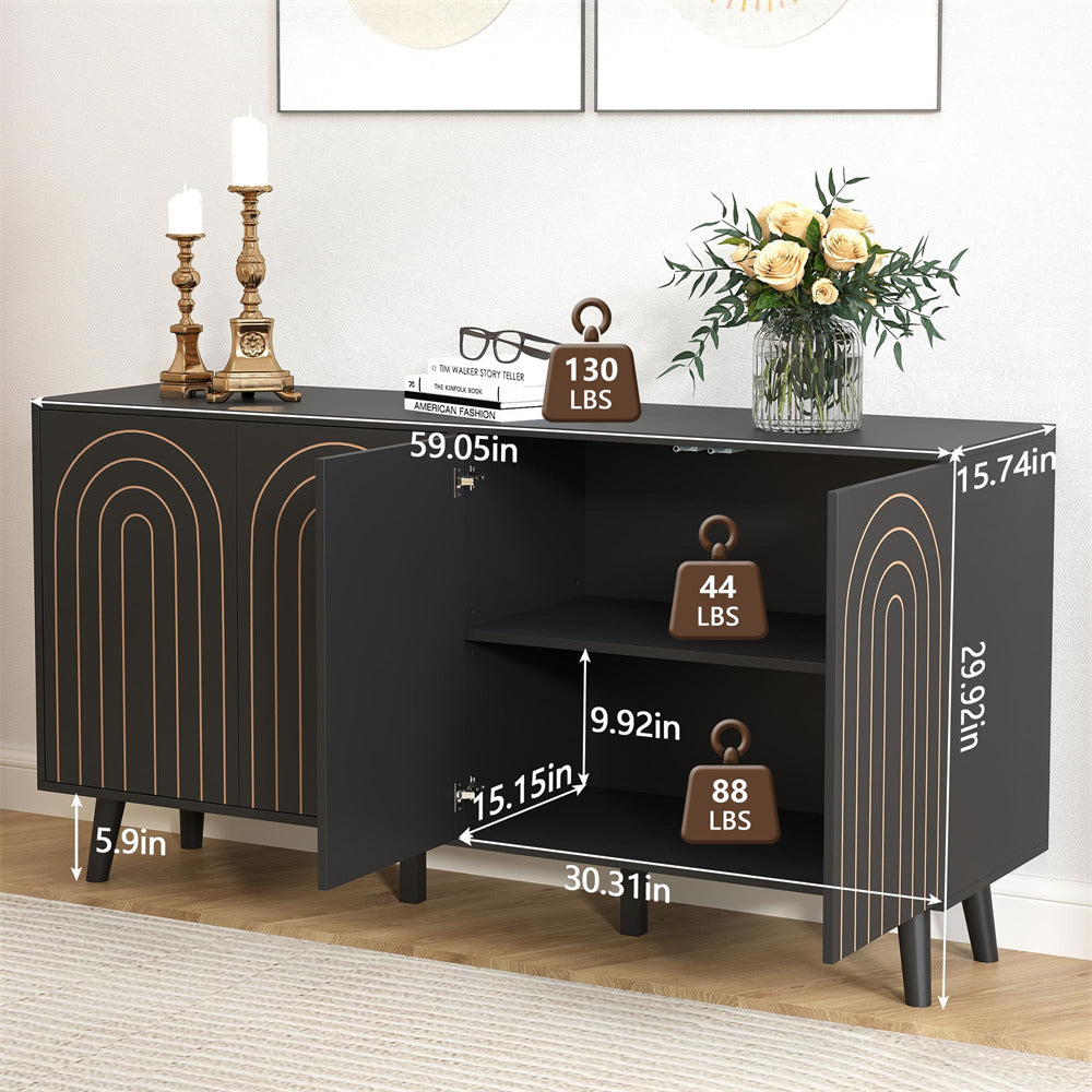 Black 59" Modern Accent Sideboard Storage Cabinet With 4 Doors & Carving Lines