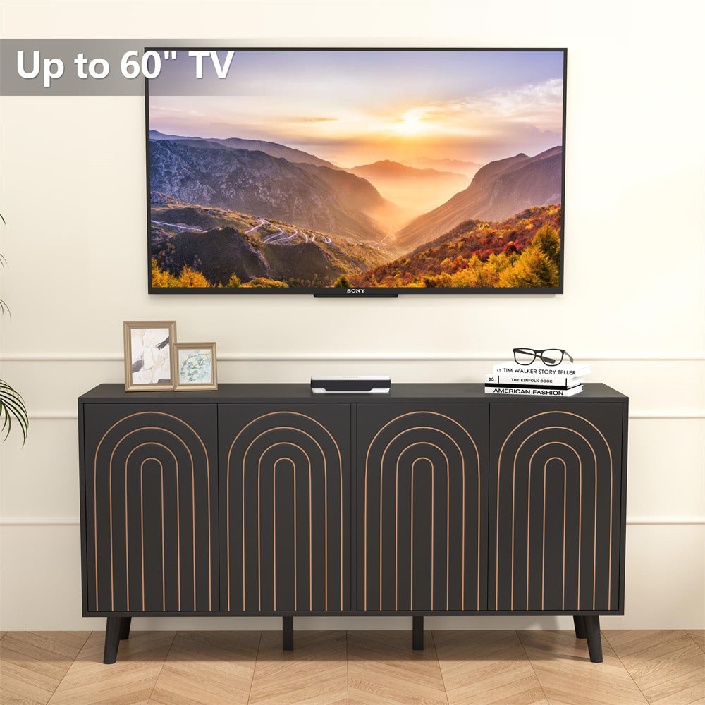 Black 59" Modern Accent Sideboard Storage Cabinet With 4 Doors & Carving Lines
