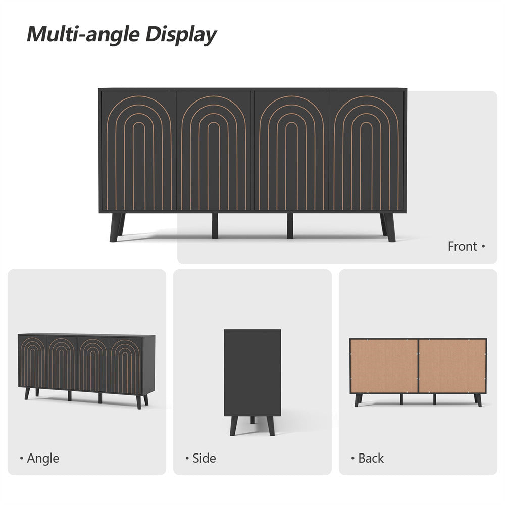 Black 59" Modern Accent Sideboard Storage Cabinet With 4 Doors & Carving Lines