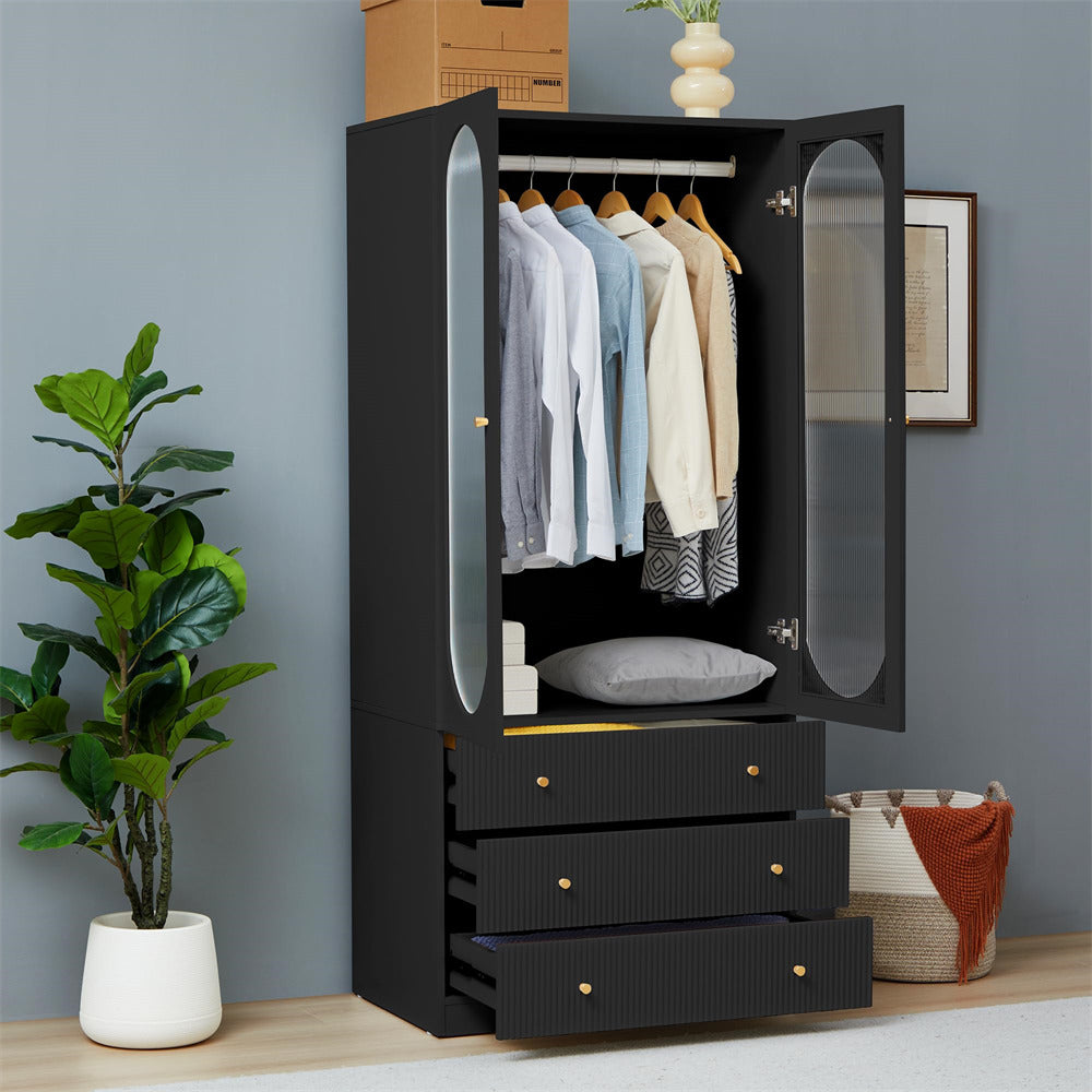 Black 70" H Wardrobe Closet with 2 Glass Doors and 3 Fluted Drawers