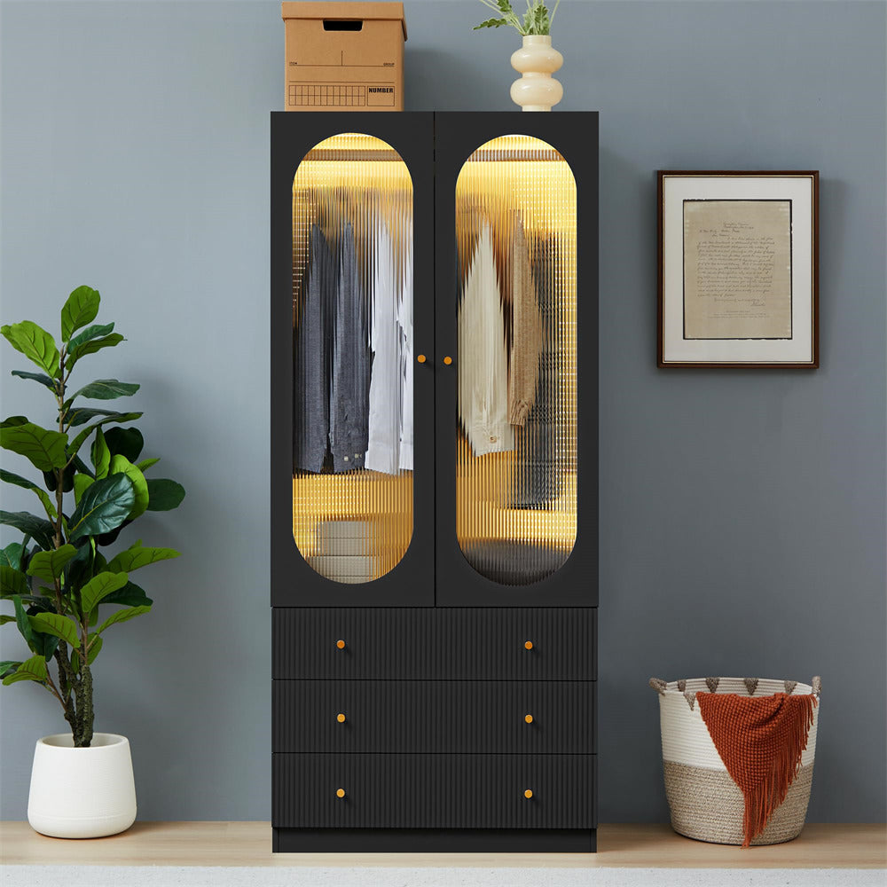 Black 70" H Wardrobe Closet with 2 Glass Doors and 3 Fluted Drawers