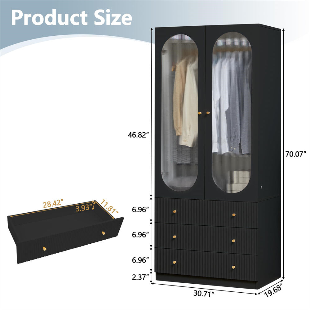 Black 70" H Wardrobe Closet with 2 Glass Doors and 3 Fluted Drawers